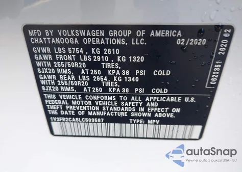2020 Volkswagen Atlas 3.6L V6 Se W/Technology R-Line из США, поврежденный, VIN 1V2FR2CA5LC503587